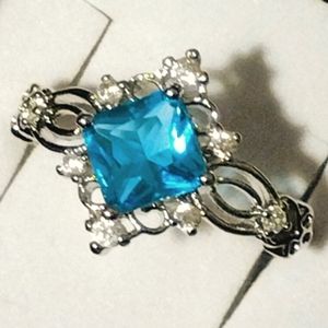 925 silver blue topaz 2 ct princess cut March birthstone ring